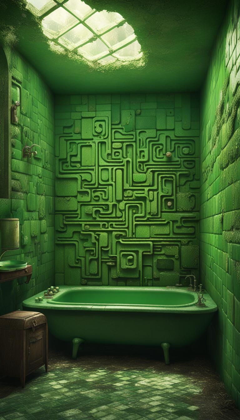Creepy Abandoned Green Tile Bathroom Maze