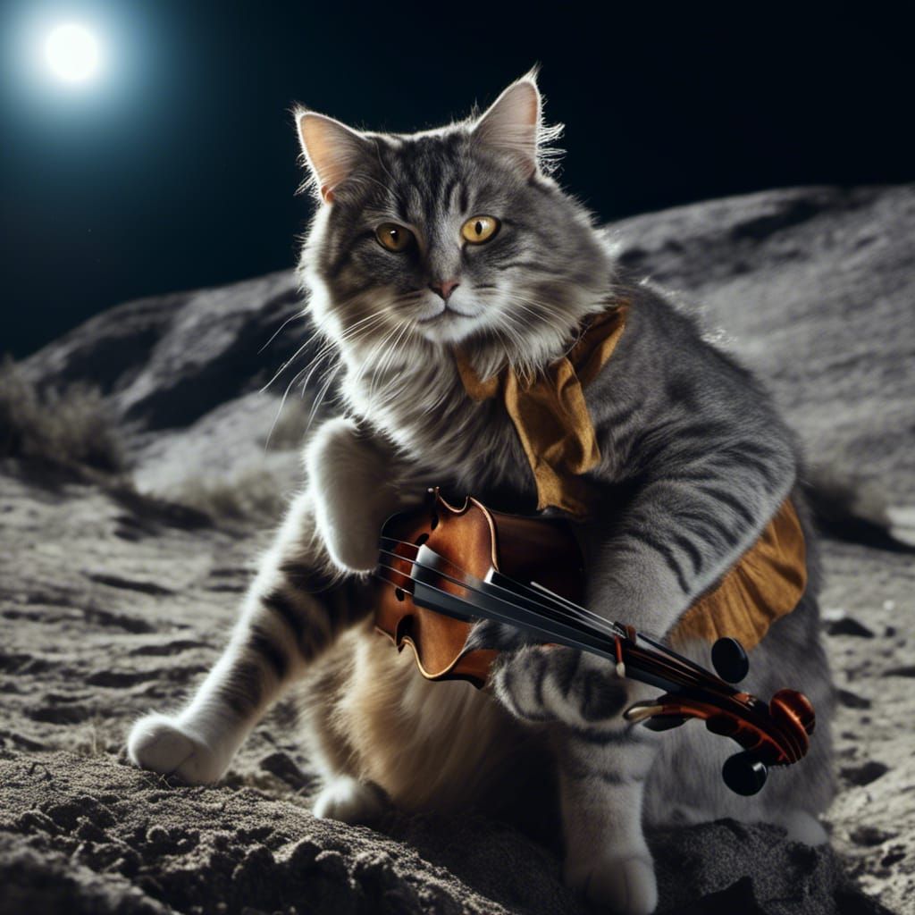 Cat and Fiddle Under the Moon: Hyperrealistic Film Still
