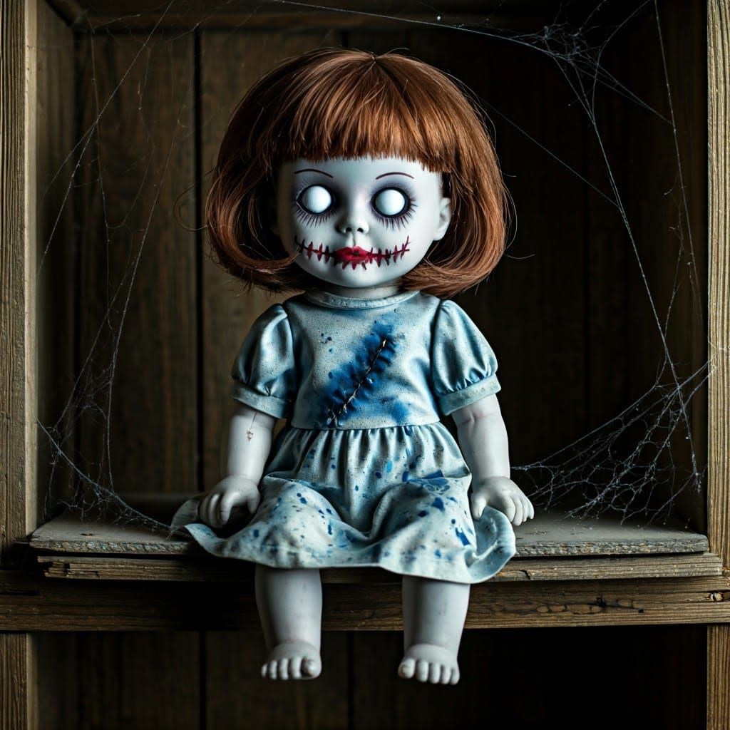 A murderer doll with white eyeballs and a sewn-up mouth, a white dress with blue splatters, sitting in a dark room on an...