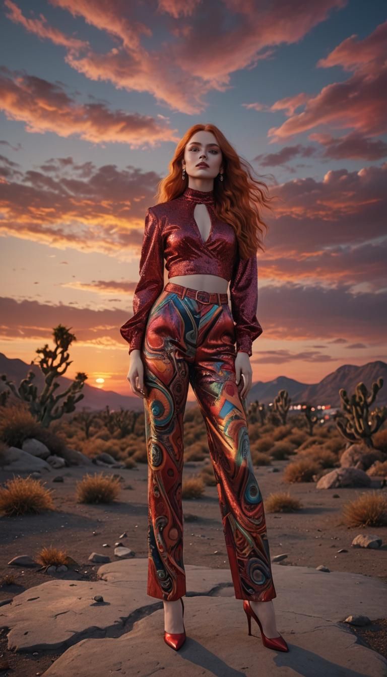 Redhead Model in Haute Couture Outfit at Sunset