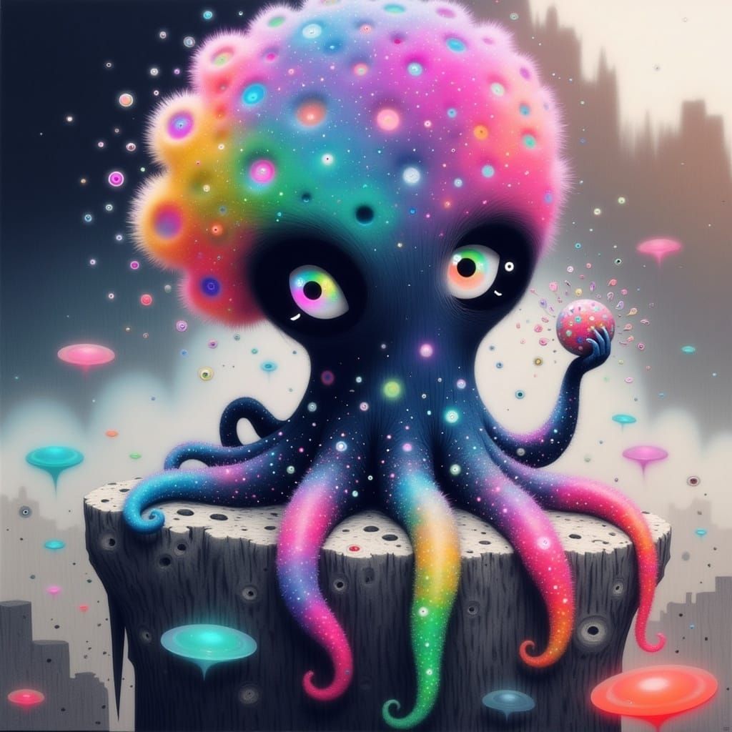 Surreal Whimsical Octopus Twins Connect Through Iridescent P...