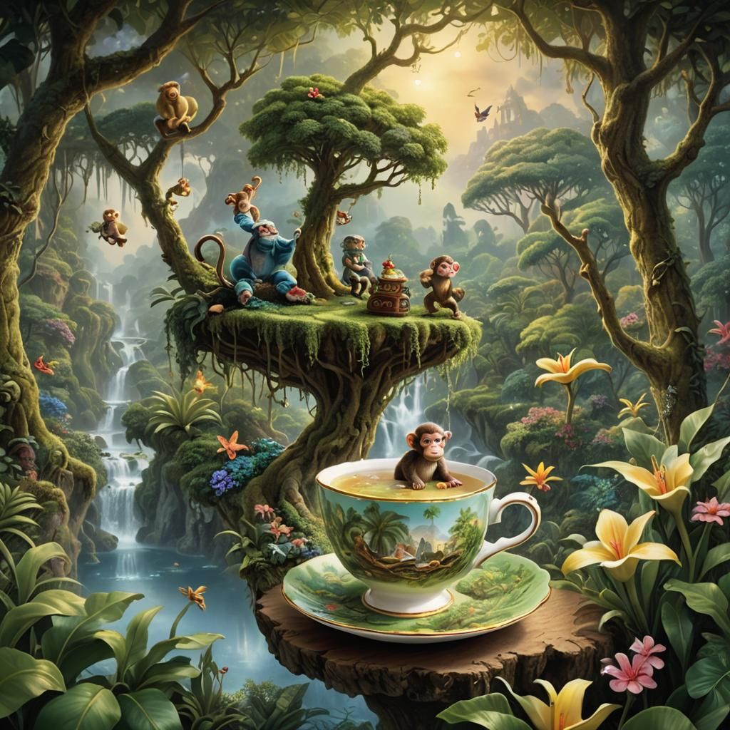 Miniature Jungle Scene Inside a Teacup