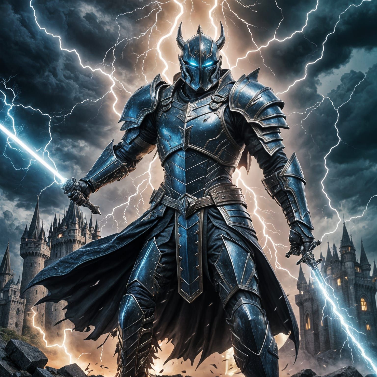 Epic Black Castle with Lightning and Dragon