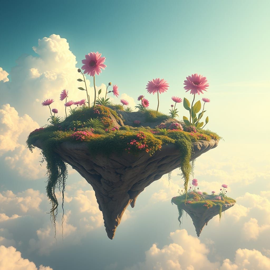 Floating Islands with Gardens and Giant Flowers at Daylight