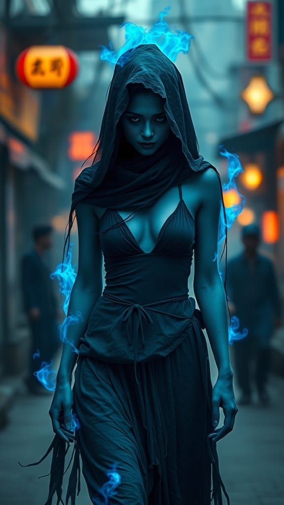 Vietnamese Haunted Ghostly Woman in Mystical Flames