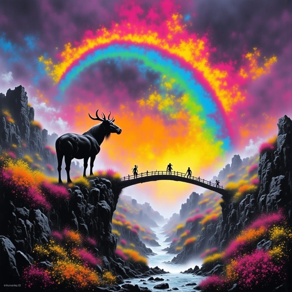 Heimdall Guarding Rainbow Bridge in Graffiti Doom Style