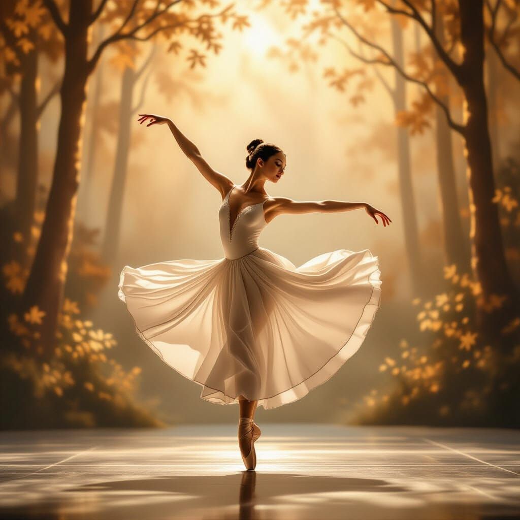 Ballerina's Ethereal Dance in a Dreamlike Forest