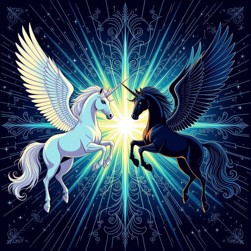 Winged Unicorns in Mystical Duel with Fractal Light