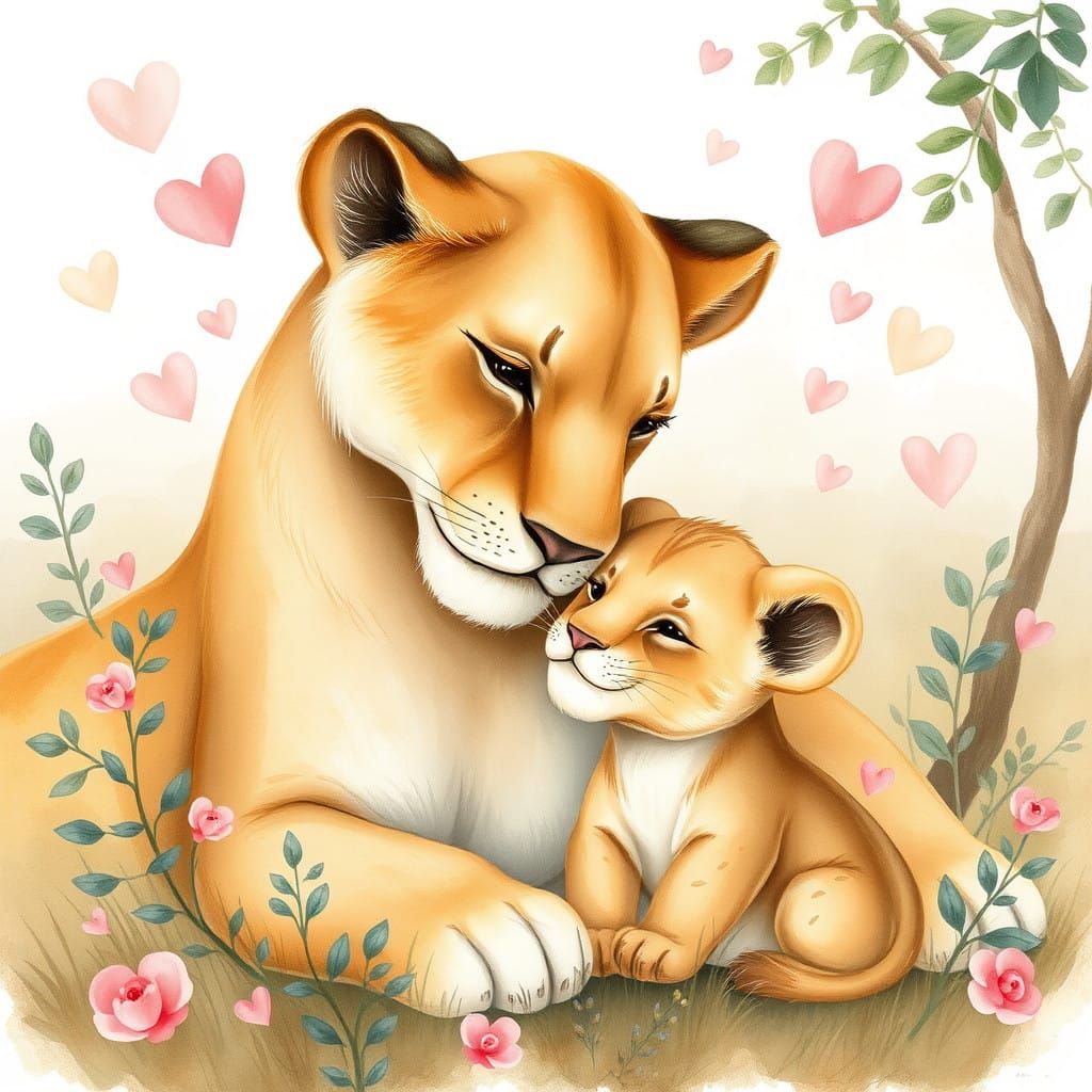 Mother Lioness Nuzzles Her Cub in a Charming Beatrix Potter-...