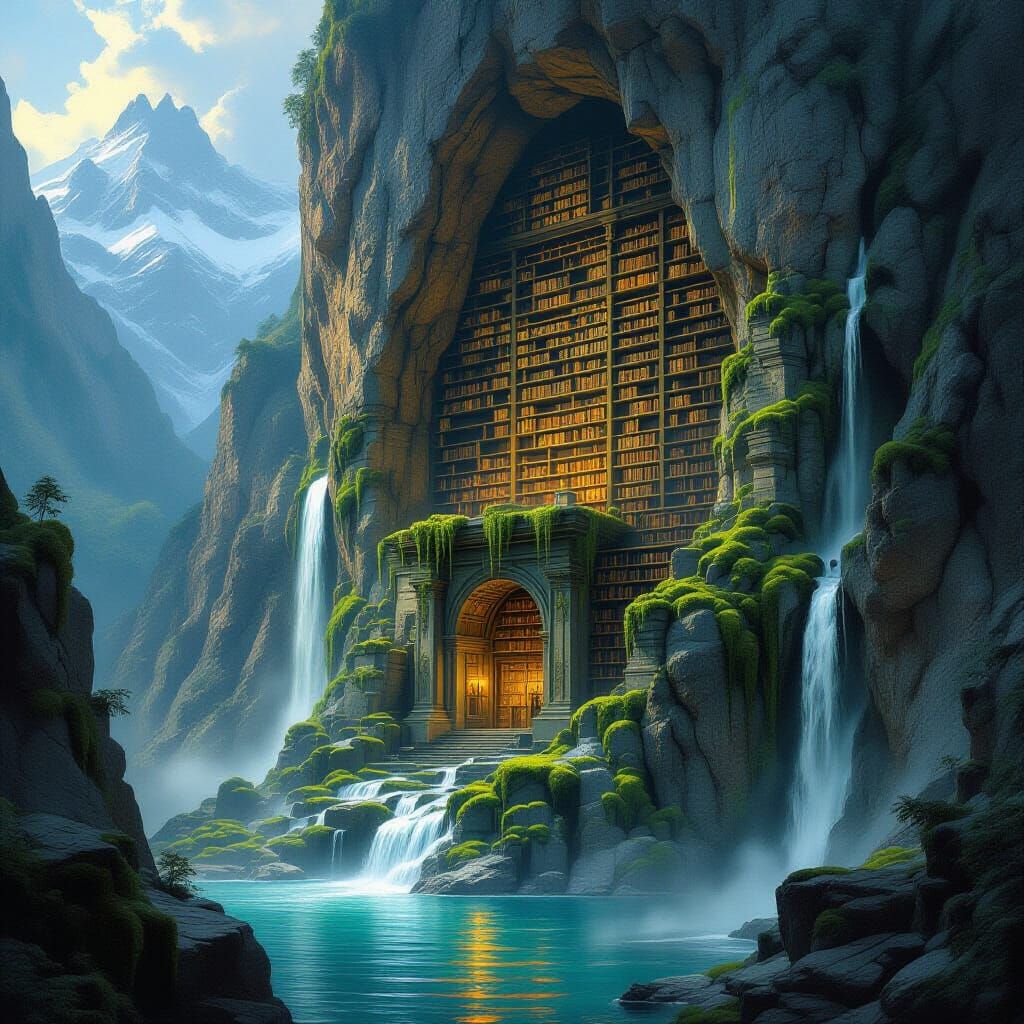 Ancient Mountain Library with Bioluminescent Moss in Fantasy...