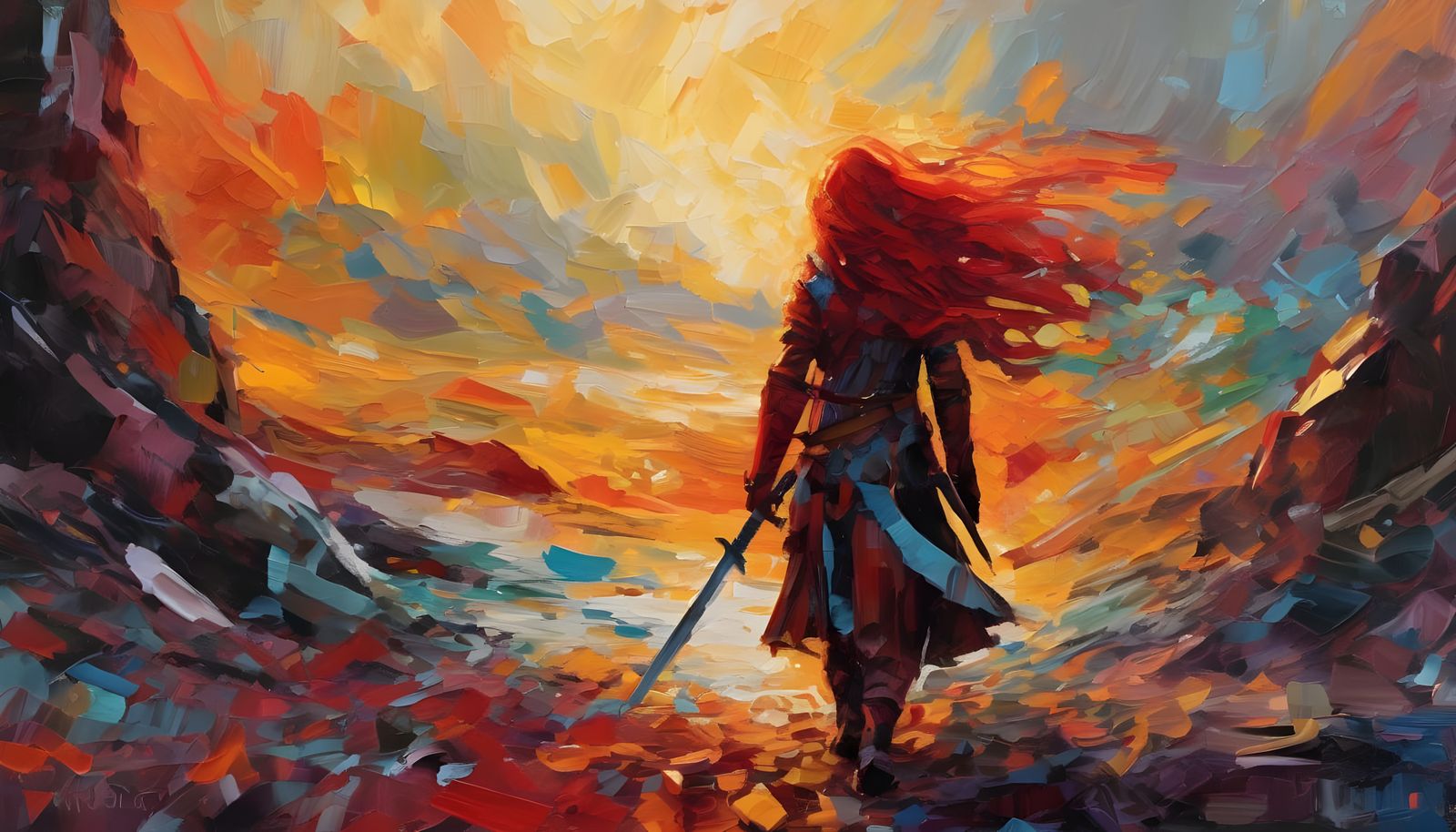 Red Sonja in Fiery Battle, a Visceral Impasto Masterpiece