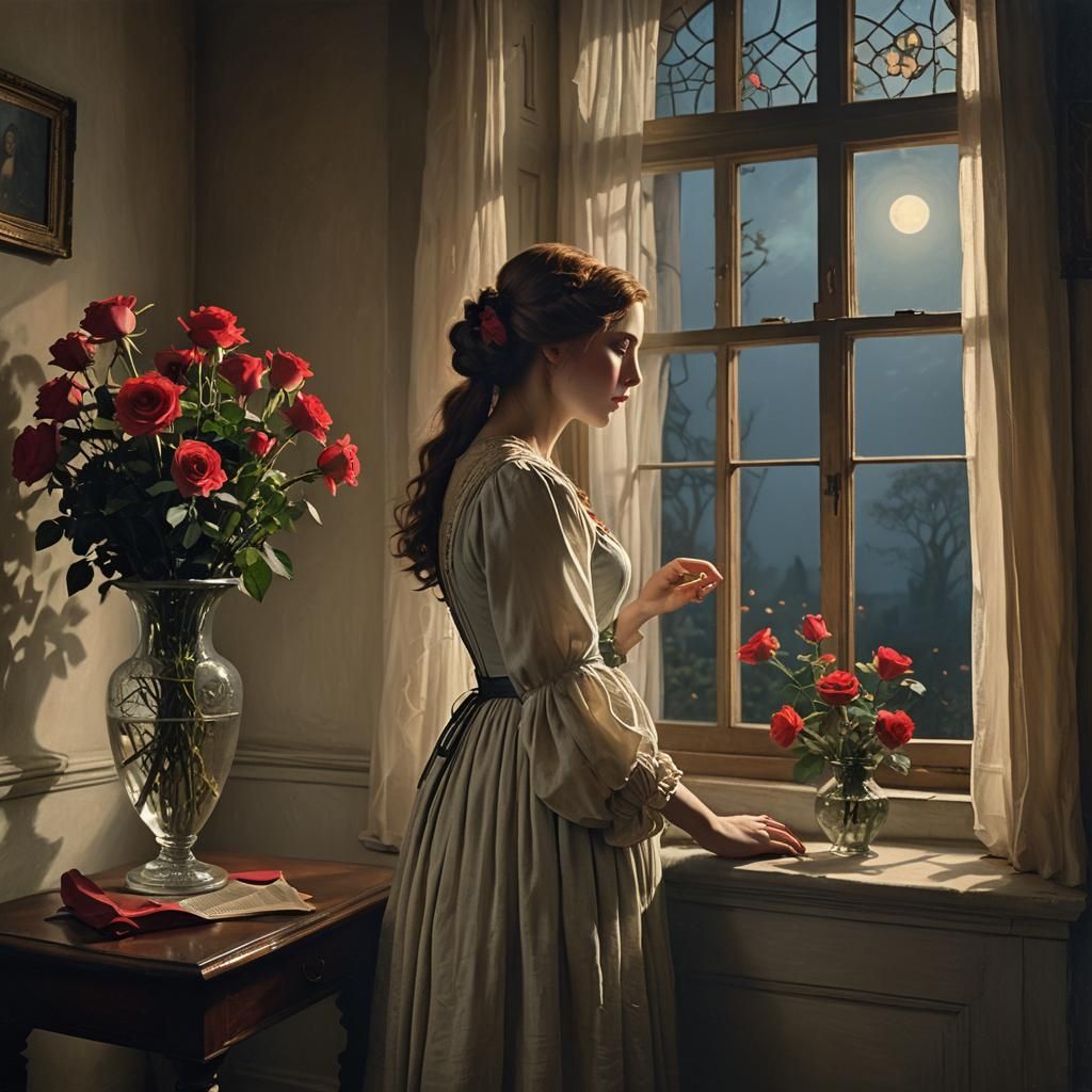 Ethereal Moonlit Dream, 19th Century Woman in Whispers of a....