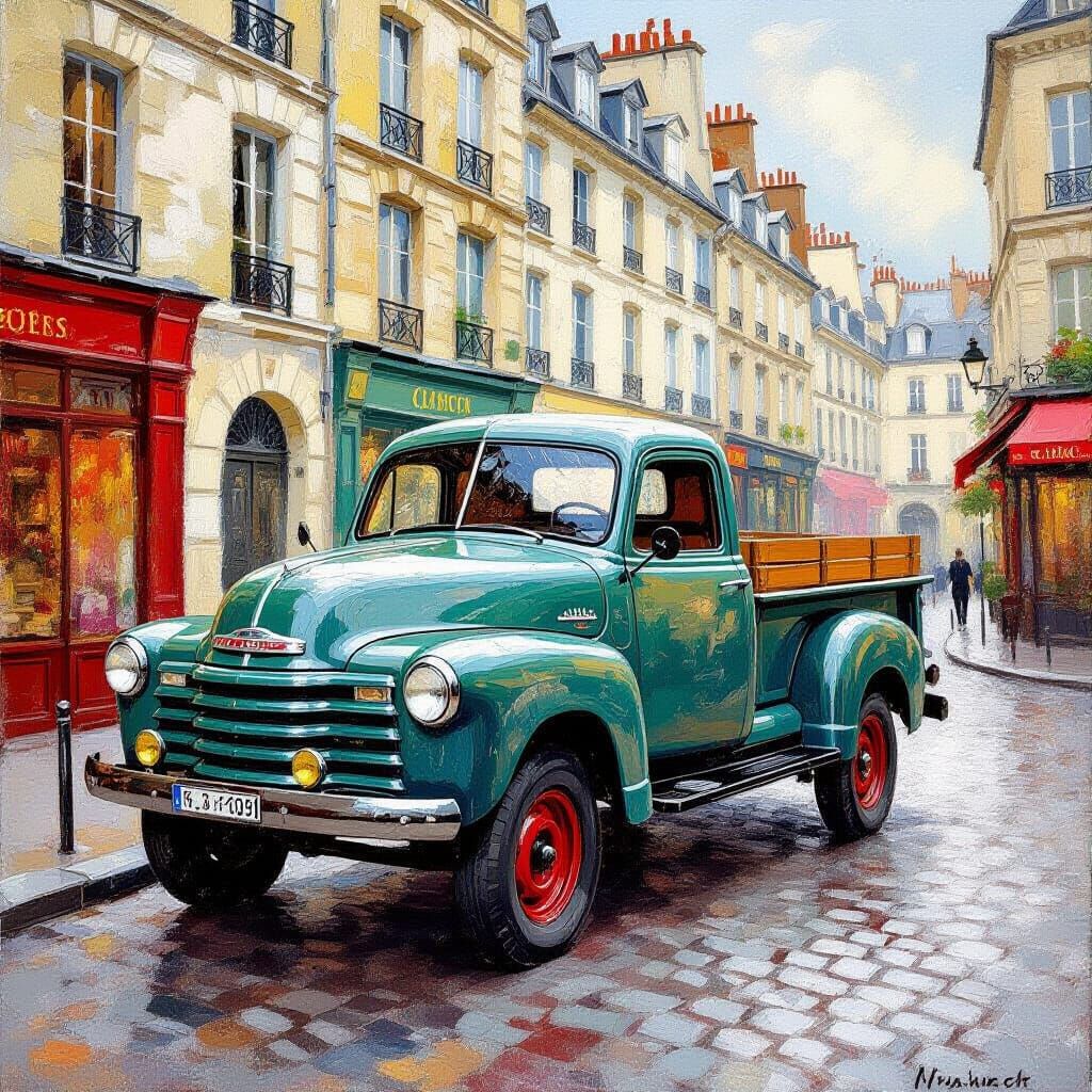 Vintage Truck in Paris Street, Impressionist Style