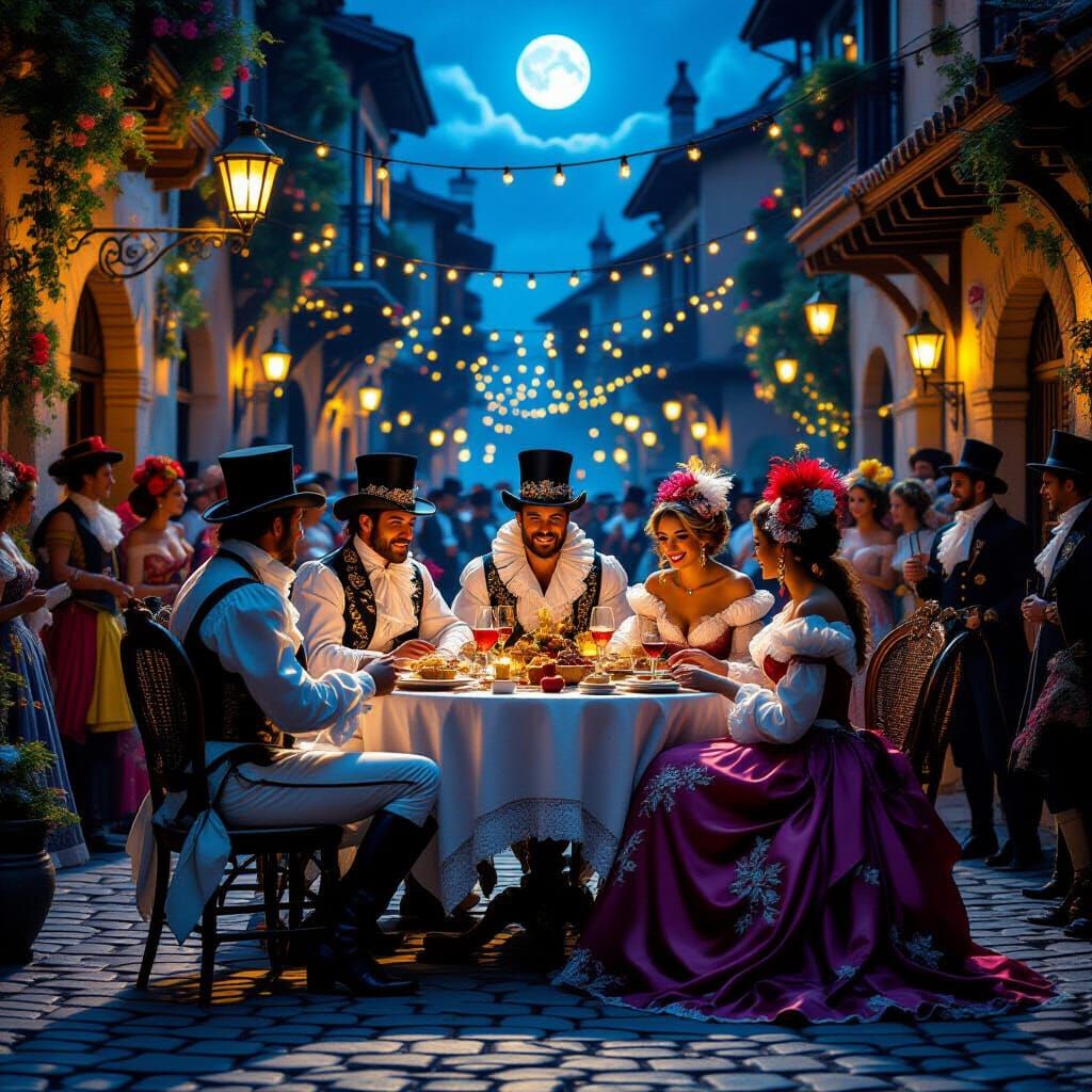 Carnival Celebration Under Blue Moon, Whimsical Digital Art