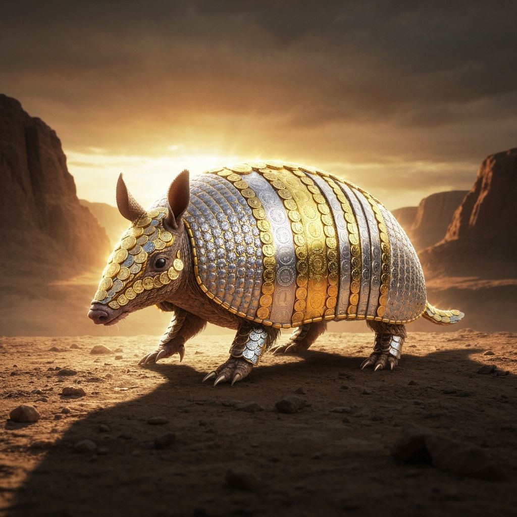 Golden Armadillo with Coin Armor in Desert Sunset