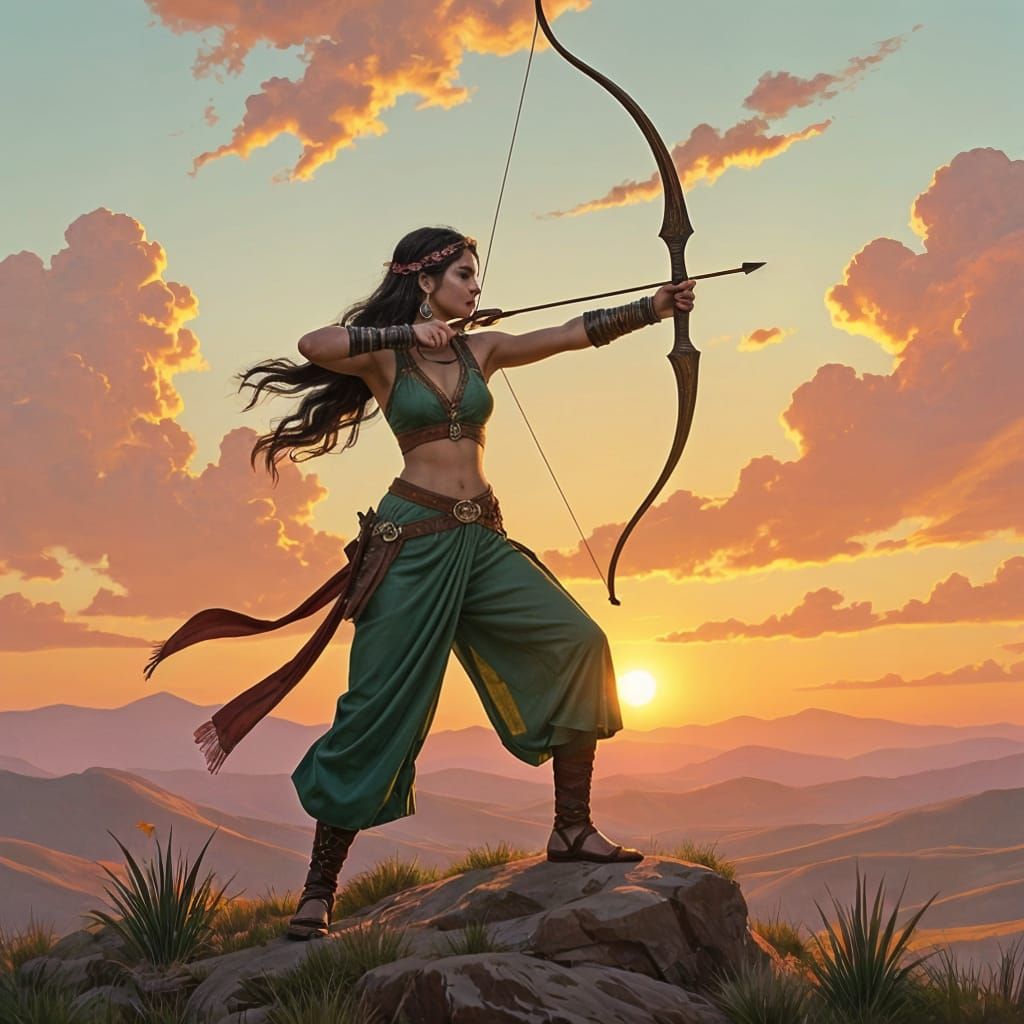 Archer Woman Warrior in Qajar Fauvism Style