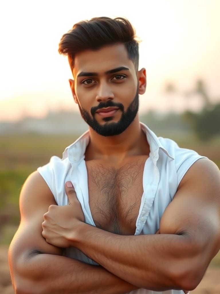 Confident South Asian Man Showcases Muscular Physique in Sun...