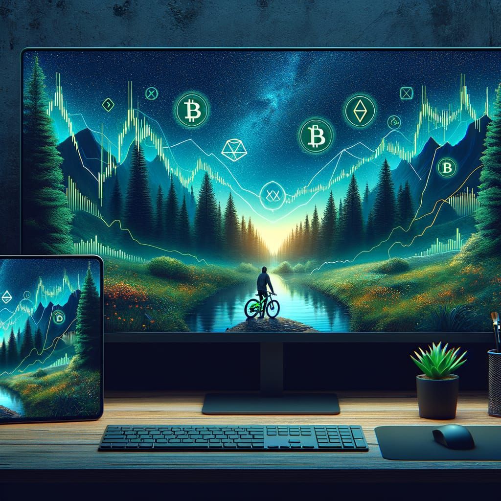Dark Mode Dual Monitor Wallpaper: Crypto Trader Nature Vibe