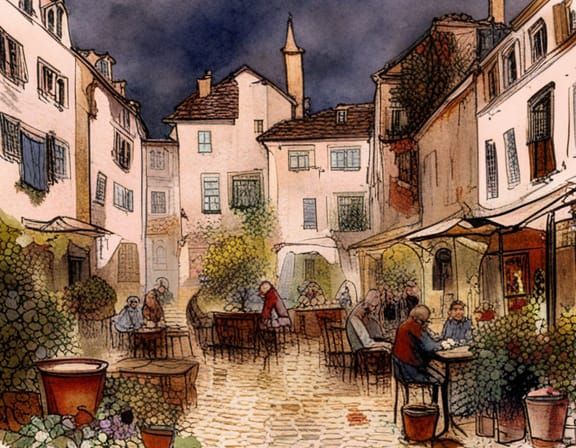 German Courtyard Scene in Golden Age Illustration Style