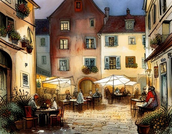 German Courtyard Scene in Arthur Rackham Style