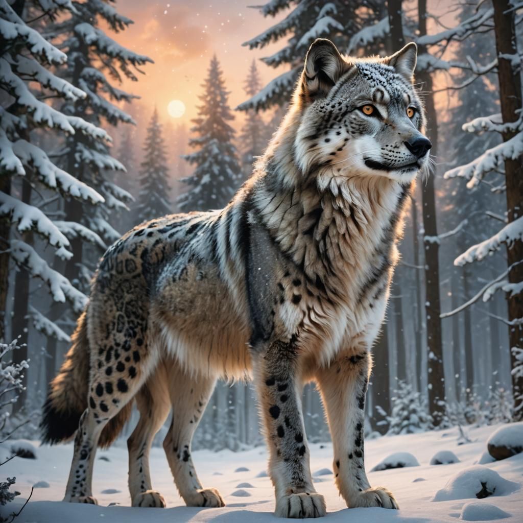 Wolf and Snow Leopard Hybrid in Snowy Forest