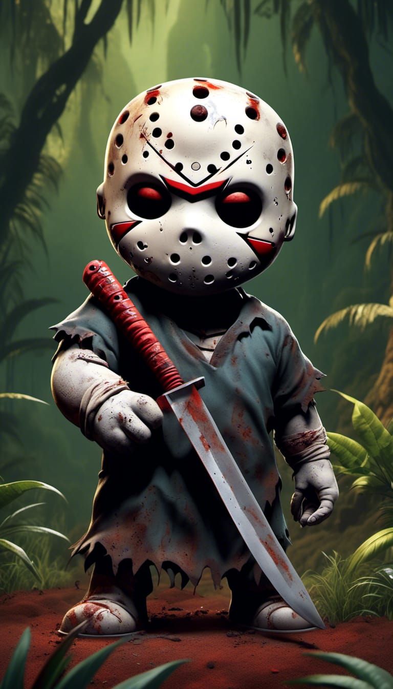 Cute Chibi Jason Voorhees in Volcanic Jungle