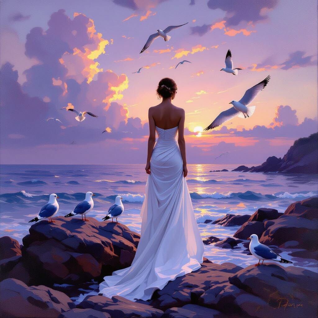 Woman on Rocks by Sea in Atmospheric Oil Painting Style