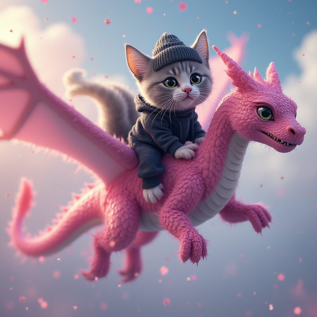 Ethereal Pink Dragon Ride with Whimsical Cat Rider