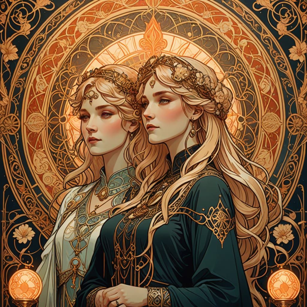 Art Nouveau Poster: Mystical Gathering in Mucha Style
