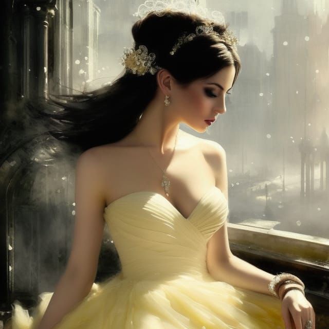 Beautiful Bride in Yellow Wedding Dress, Watercolor Art