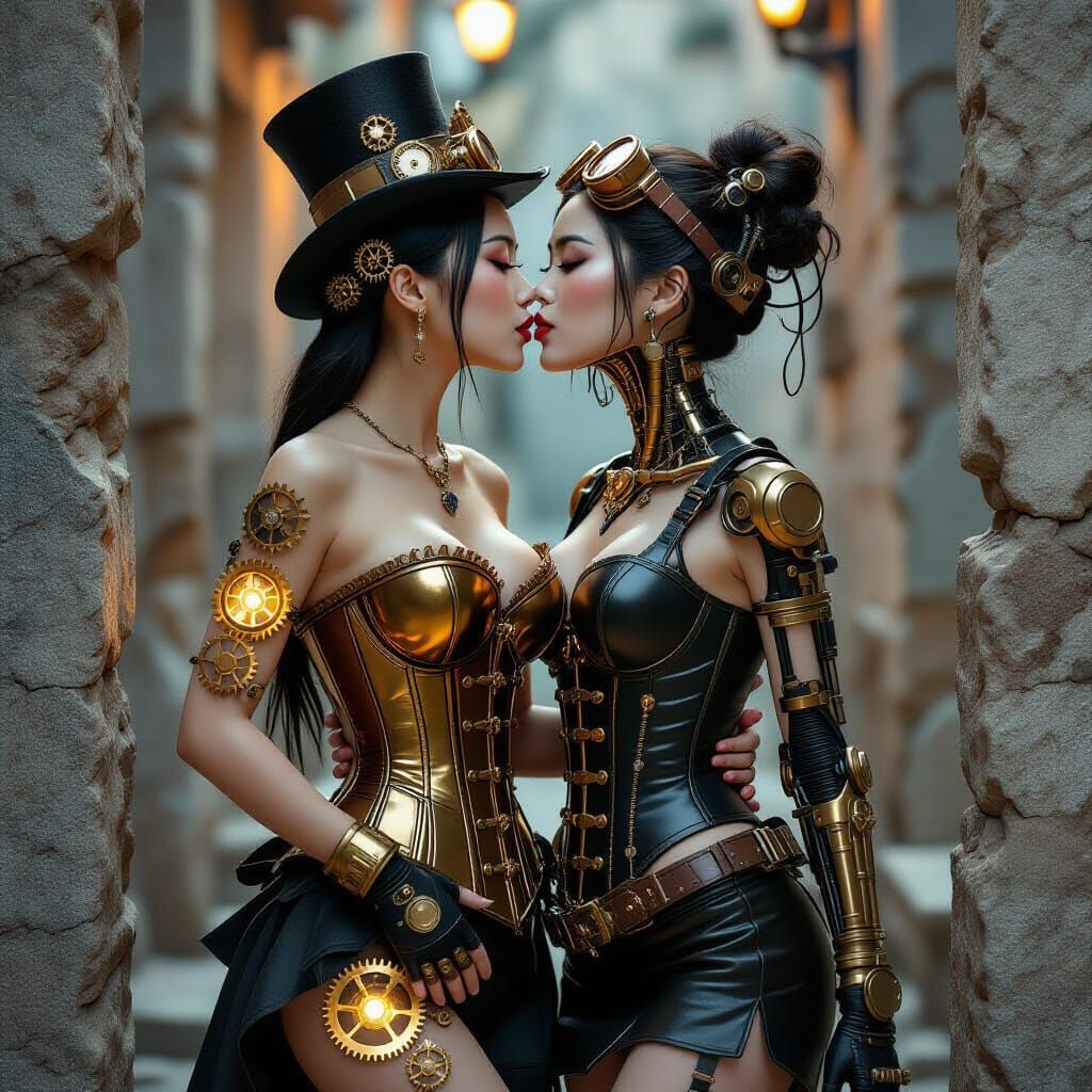 Steampunk Figures Embrace in Surreal Digital Art