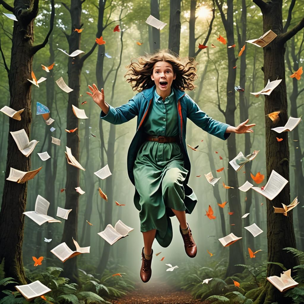 Magical Storybook Characters Leap into Forest Illustration