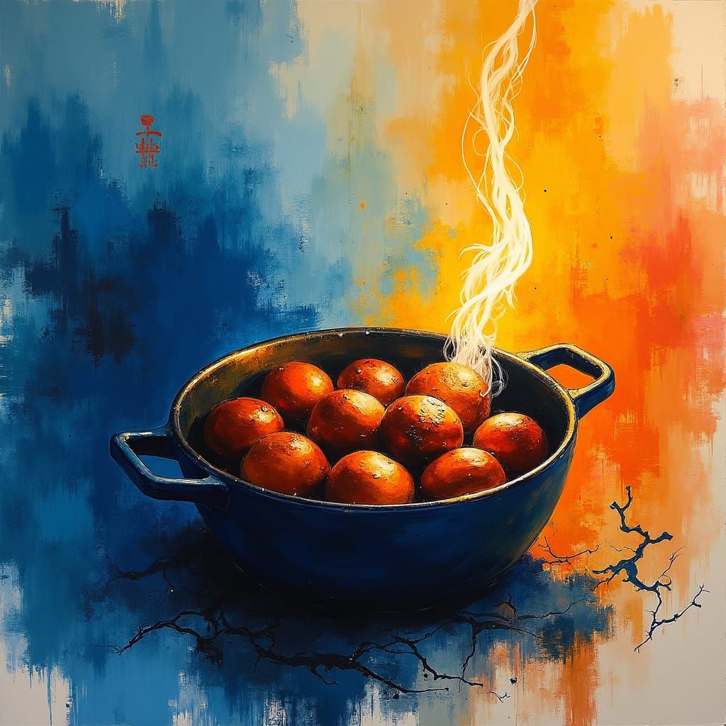Chestnuts Roasting Over Open Fire in Vibrant Chinese Ink Sty...
