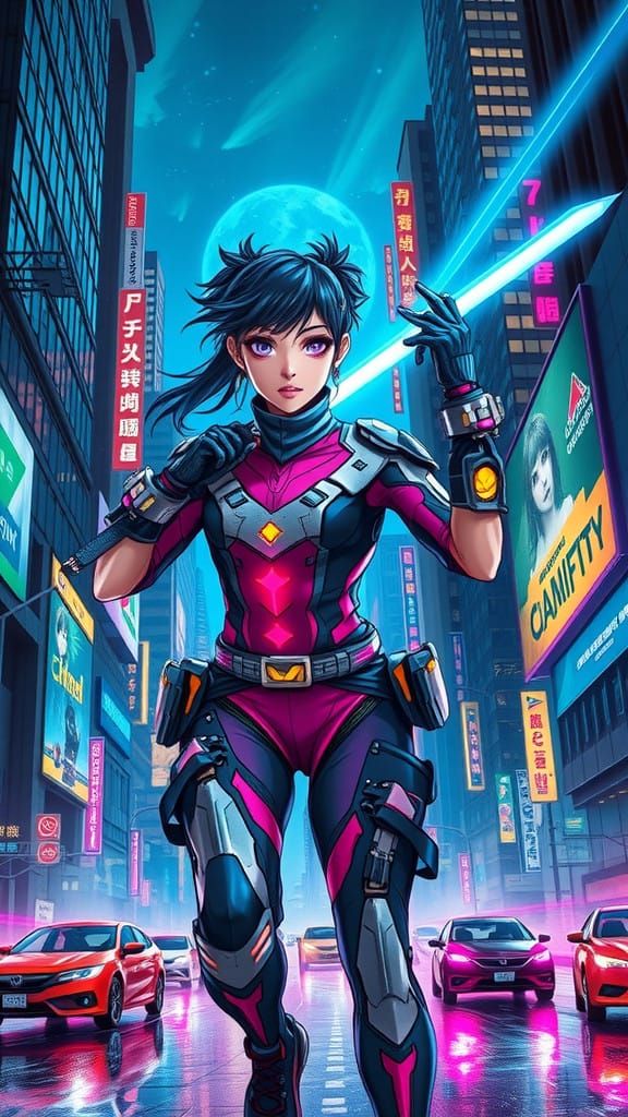Cyberpunk Girl in Neon Cityscape with Lightsaber