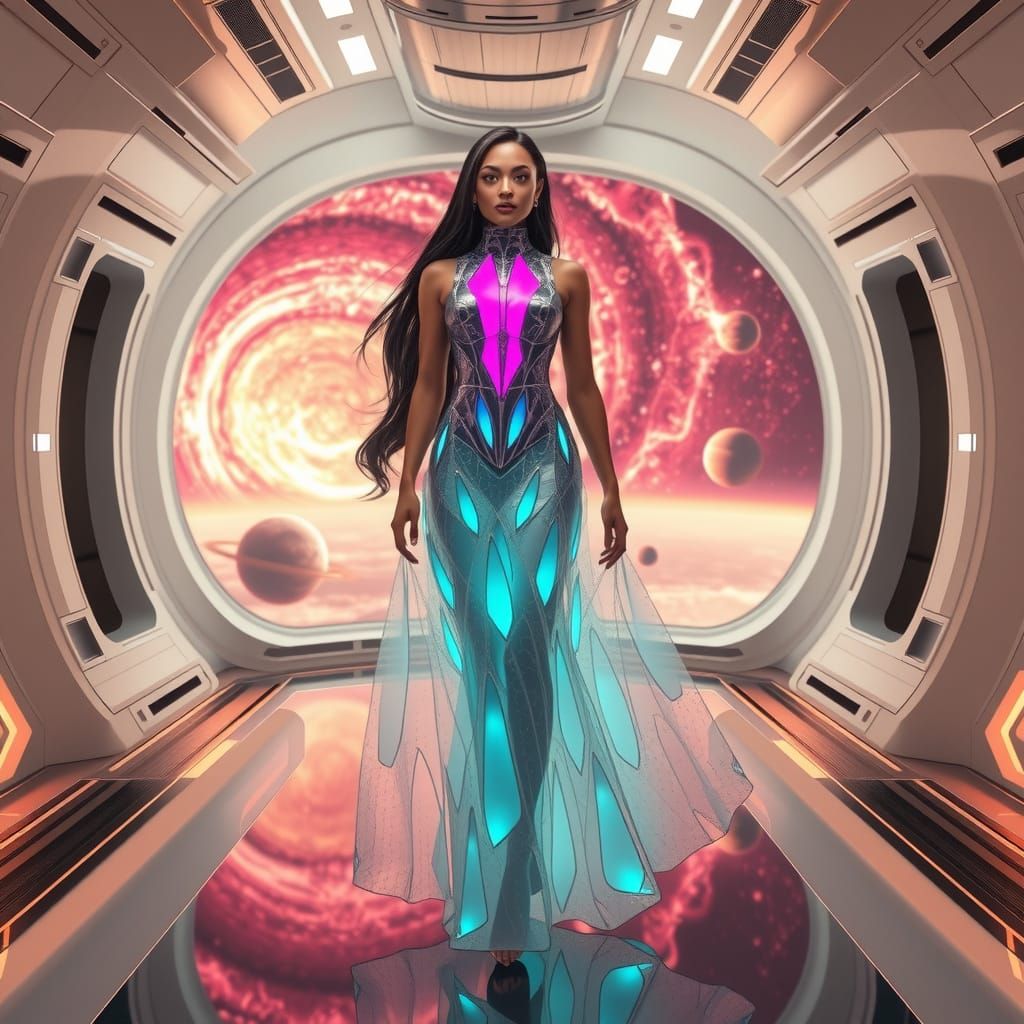 Elegant Space Traveler In Glowing Glass Dress