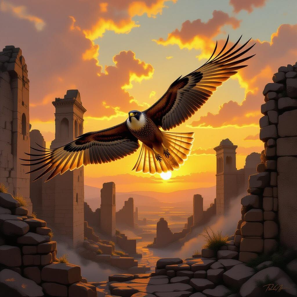Majestic Falcon Over Ancient Ruins in Golden Hour Light