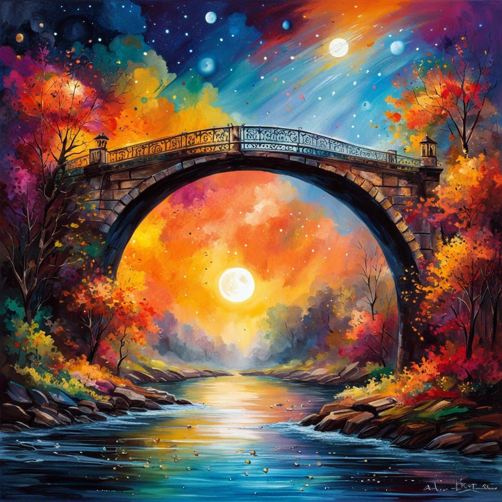 Magical Bridge with Planets in Splash Art Style