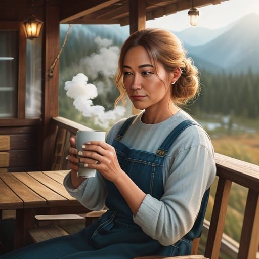 Woman Sipping Coffee in Warm Oil Painting Style