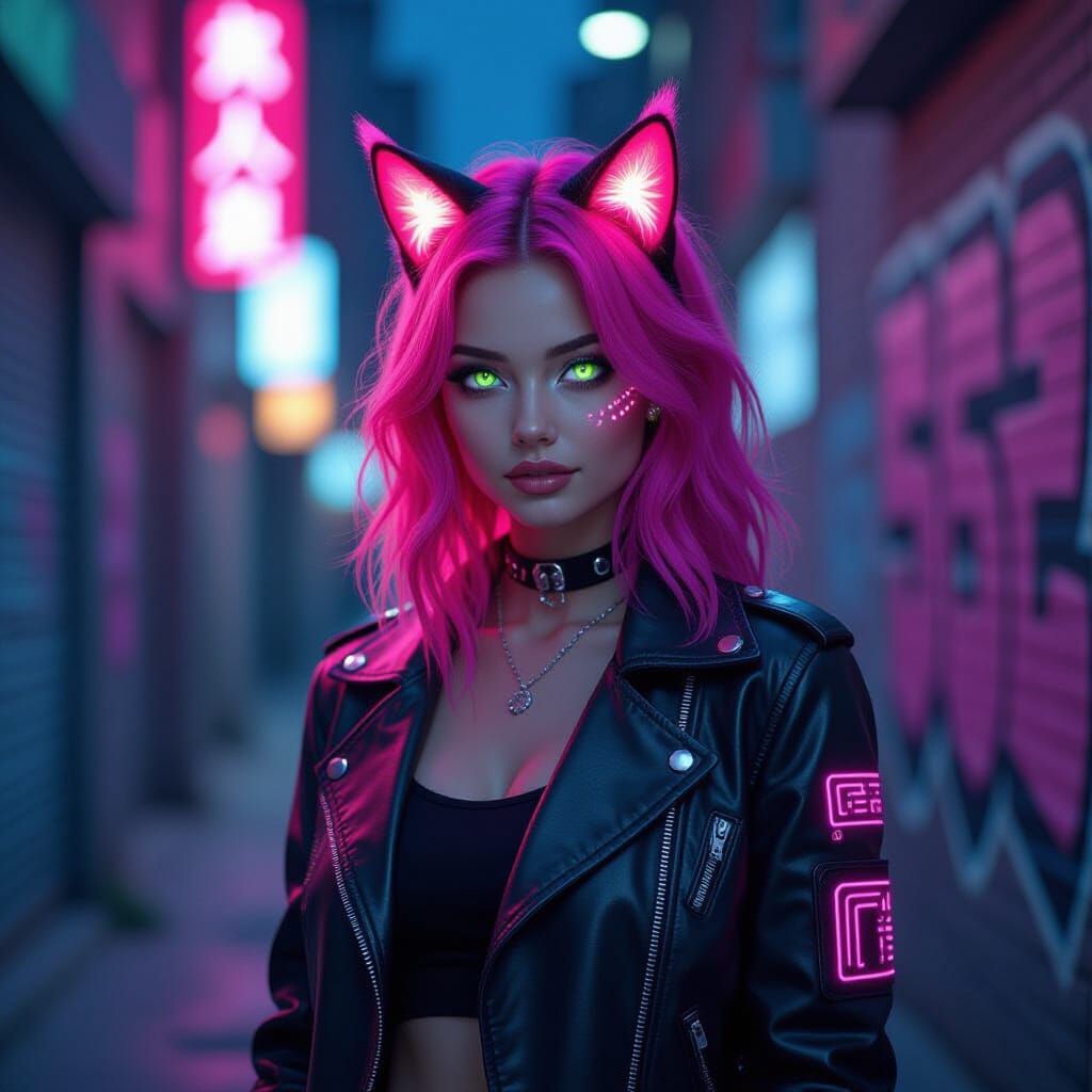 Cyberpunk Woman with Glowing Eyes in Neon Alley