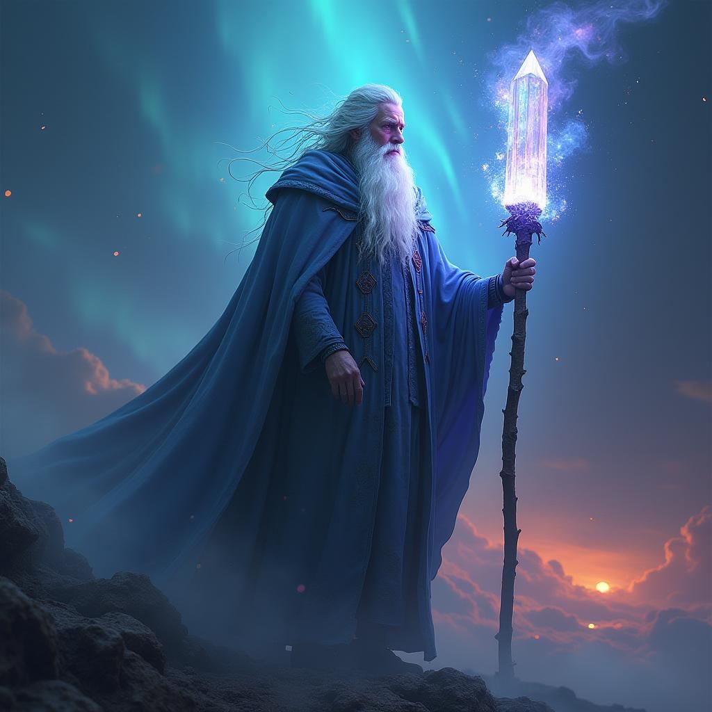 Ethereal Wizard in Mystical Realm with Crystal Staff