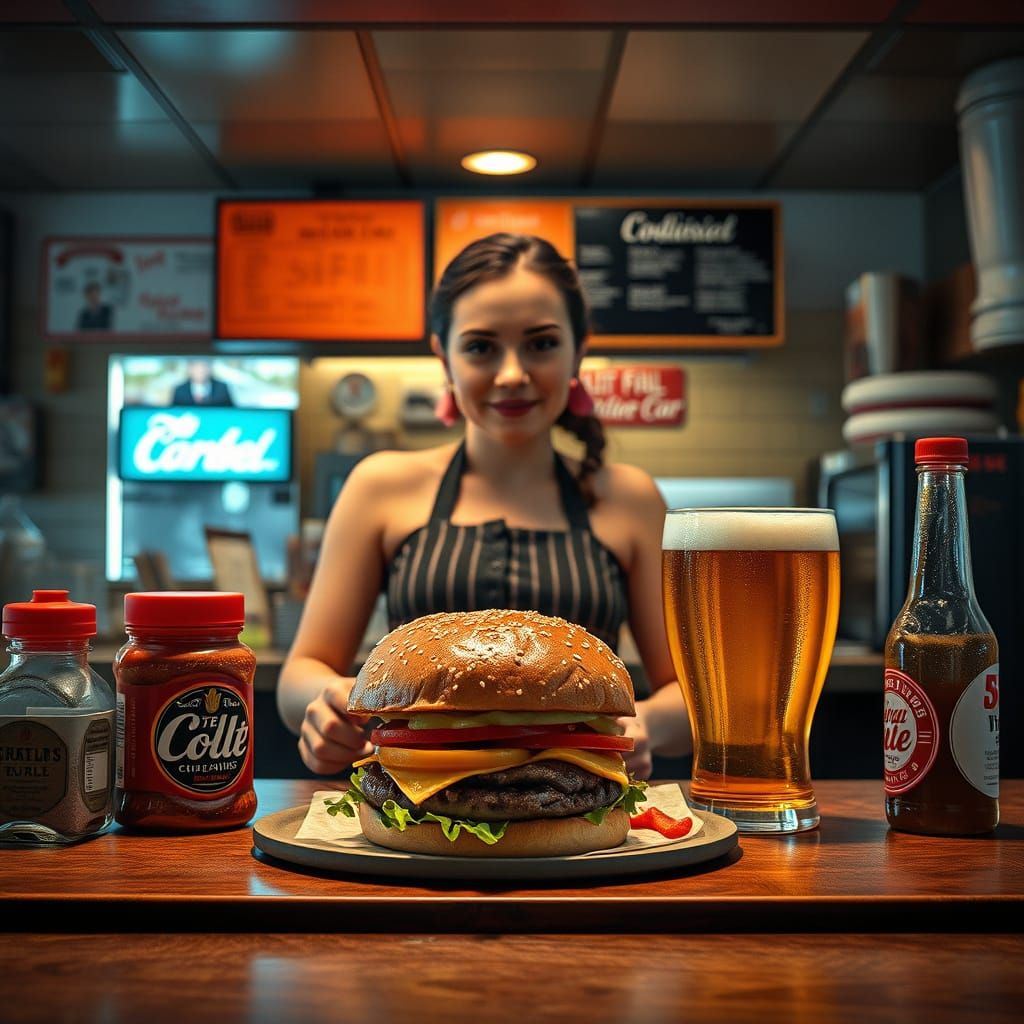 Hyperrealistic Cheeseburger Scene with Waitress