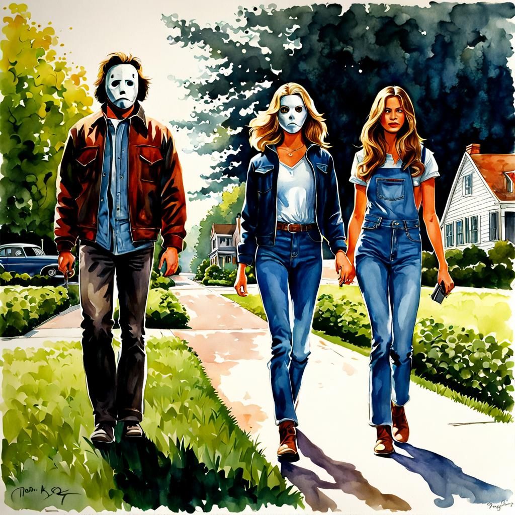 Eerie Encounter: Suburban Halloween Horror in Watercolor