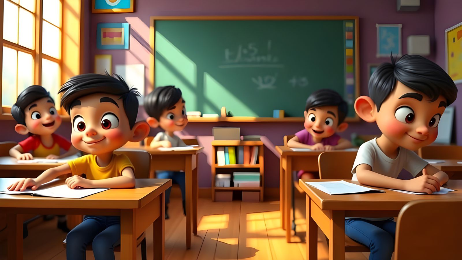 Classroom Scene in Vibrant Pixar Style