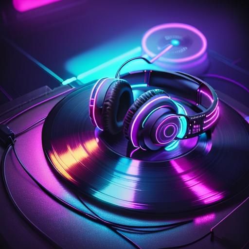 Synthwave album cover. Close-up of a vinyl record and a pair...