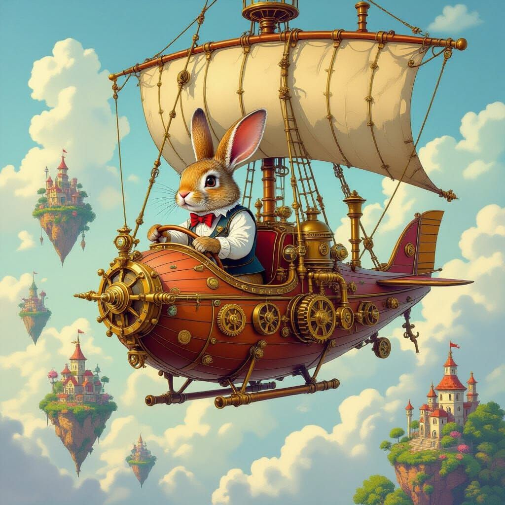 Anthropomorphic Rabbit Pilots Steampunk Airship Past Floatin...