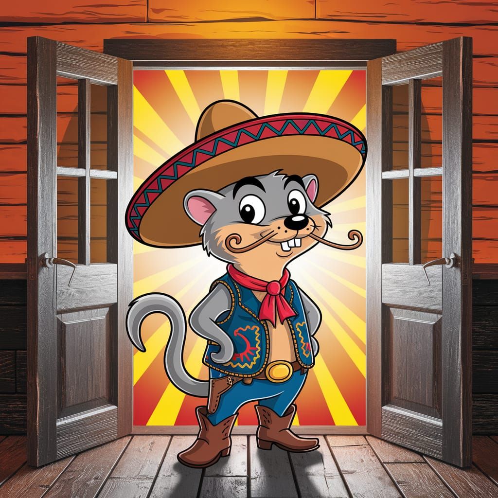 Cartoon Weasel in Sombrero Outside Western Saloon