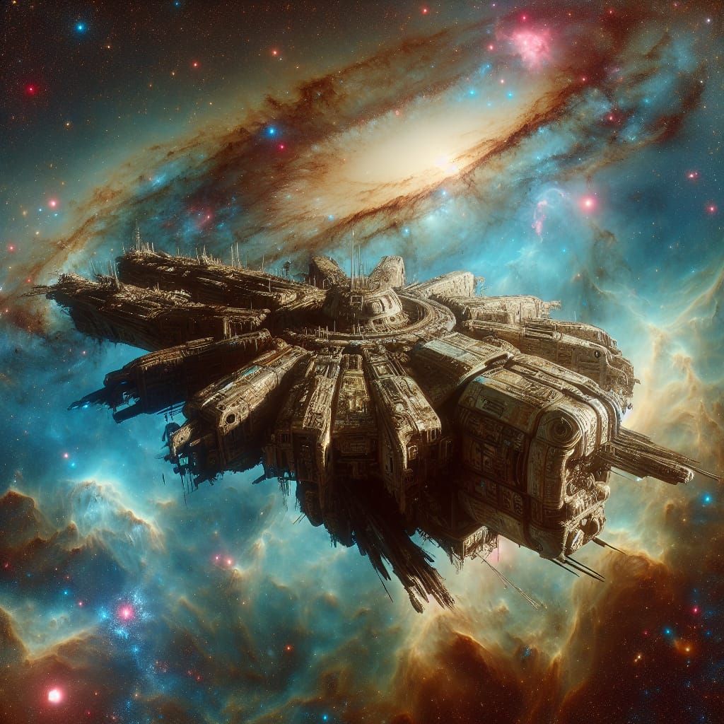 Battered Alien Spaceship Amidst Galactic Battleground