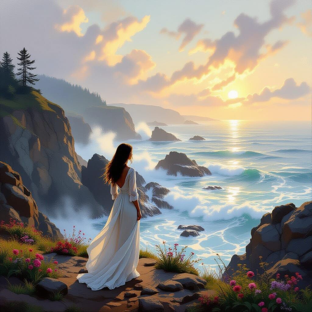 Oregon Coast Woman in Romantic Landscape Style