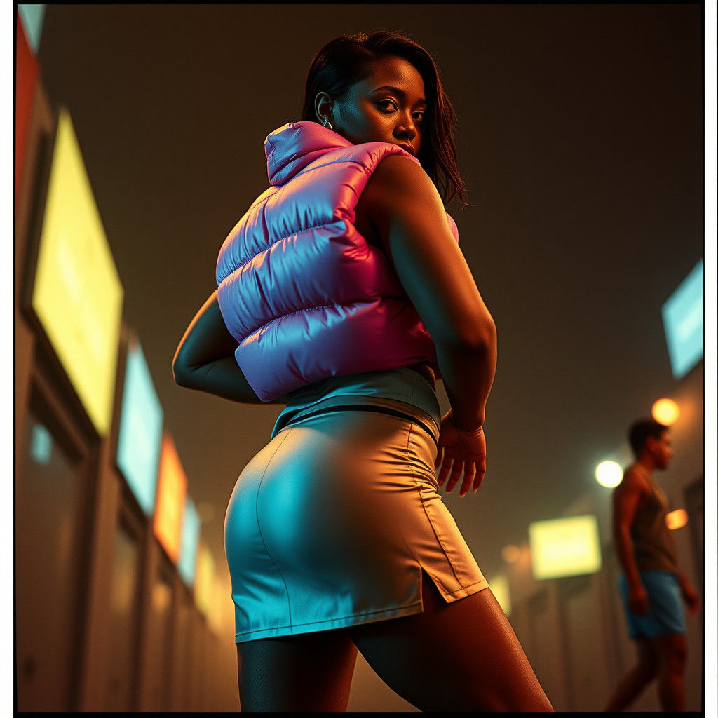 Young Woman in Pink Puffer Jacket, Cinematic Film Still