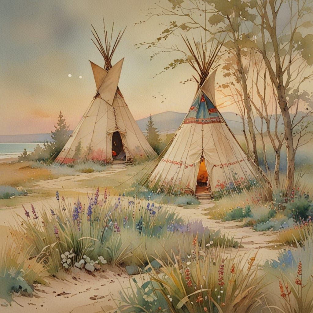 Vintage Teepee at Dusk: Watercolor and Alcohol Ink Art